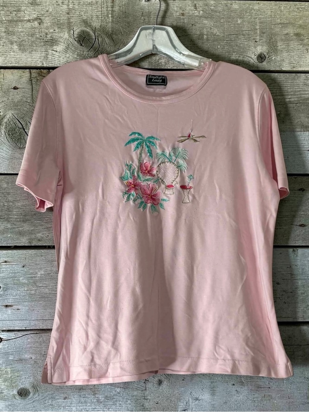 Southern Lady Pink Tropical Embroidered Short Sleeve Tee approximate Medium